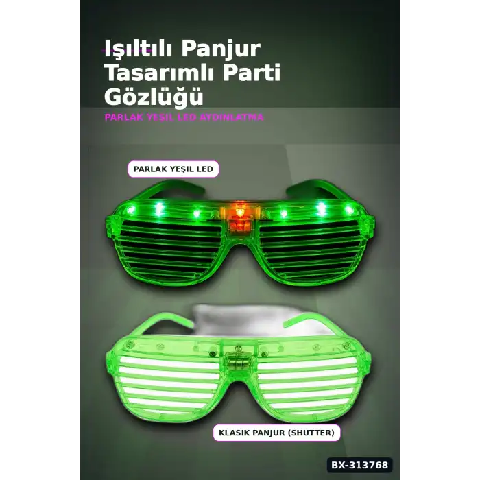 Pilli Çalışan Led Işıklı Panjur Parti Gözlüğü Yeşil Shutter Model 1 Adet BX-313768