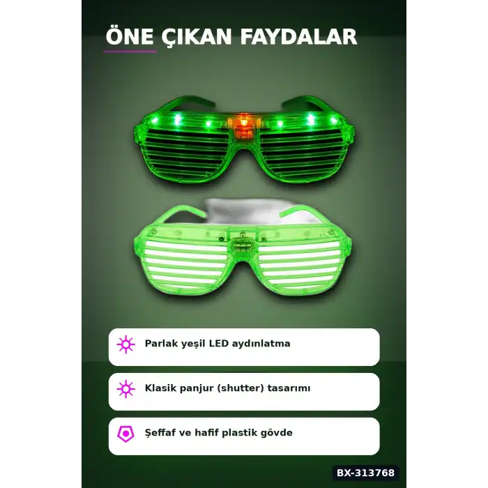 Pilli Çalışan Led Işıklı Panjur Parti Gözlüğü Yeşil Shutter Model 1 Adet BX-313768