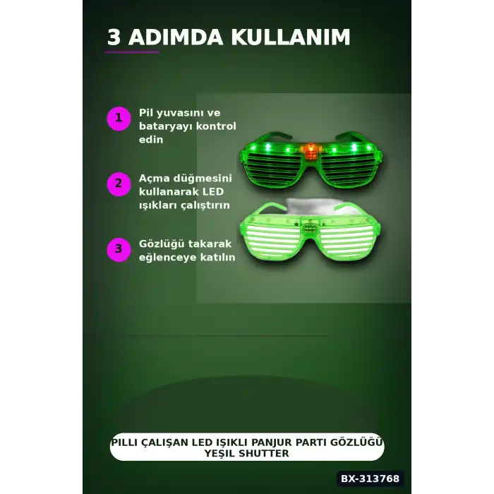 Pilli Çalışan Led Işıklı Panjur Parti Gözlüğü Yeşil Shutter Model 1 Adet BX-313768