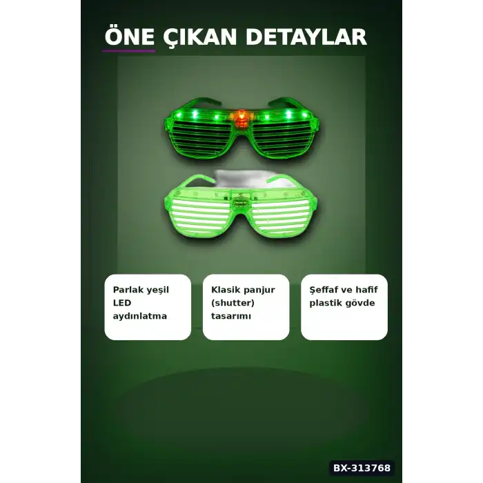 Pilli Çalışan Led Işıklı Panjur Parti Gözlüğü Yeşil Shutter Model 1 Adet BX-313768