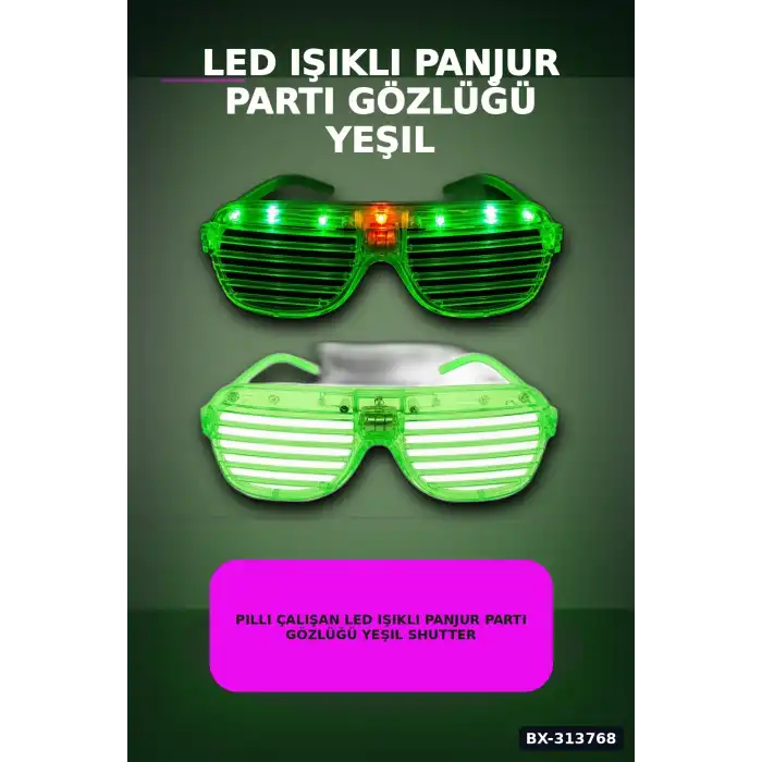 Pilli Çalışan Led Işıklı Panjur Parti Gözlüğü Yeşil Shutter Model 1 Adet BX-313768