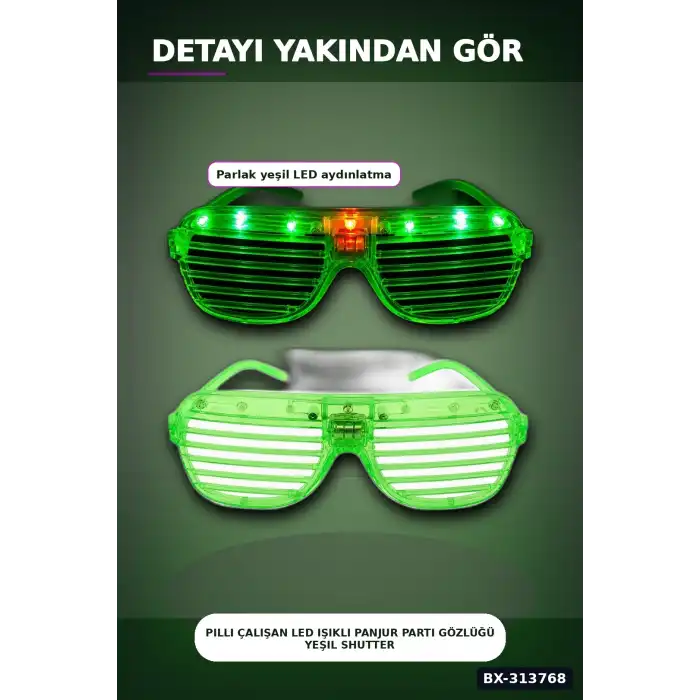 Pilli Çalışan Led Işıklı Panjur Parti Gözlüğü Yeşil Shutter Model 1 Adet BX-313768