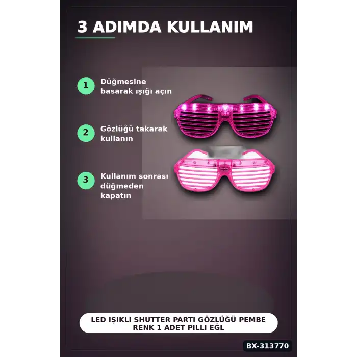 Led Işıklı Shutter Parti Gözlüğü Pembe Renk 1 Adet Pilli Eğlence Aksesuarı BX-313770