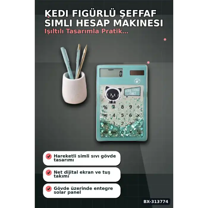 Kedi Figürlü Şeffaf Simli Hesap Makinesi 1 Adet Dekoratif Ofis Okul Hediyelik BX-313774
