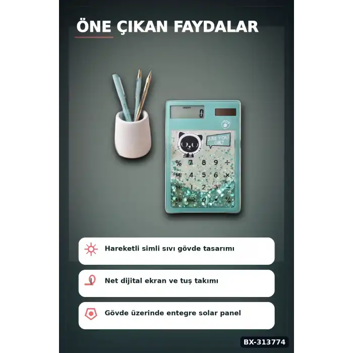 Kedi Figürlü Şeffaf Simli Hesap Makinesi 1 Adet Dekoratif Ofis Okul Hediyelik BX-313774