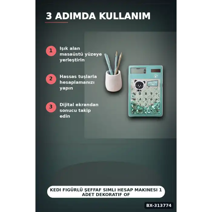 Kedi Figürlü Şeffaf Simli Hesap Makinesi 1 Adet Dekoratif Ofis Okul Hediyelik BX-313774