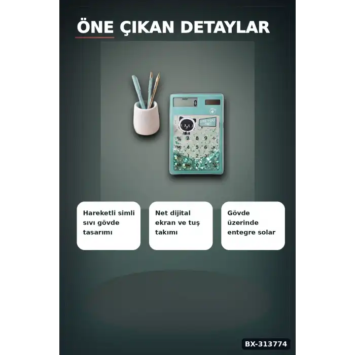 Kedi Figürlü Şeffaf Simli Hesap Makinesi 1 Adet Dekoratif Ofis Okul Hediyelik BX-313774