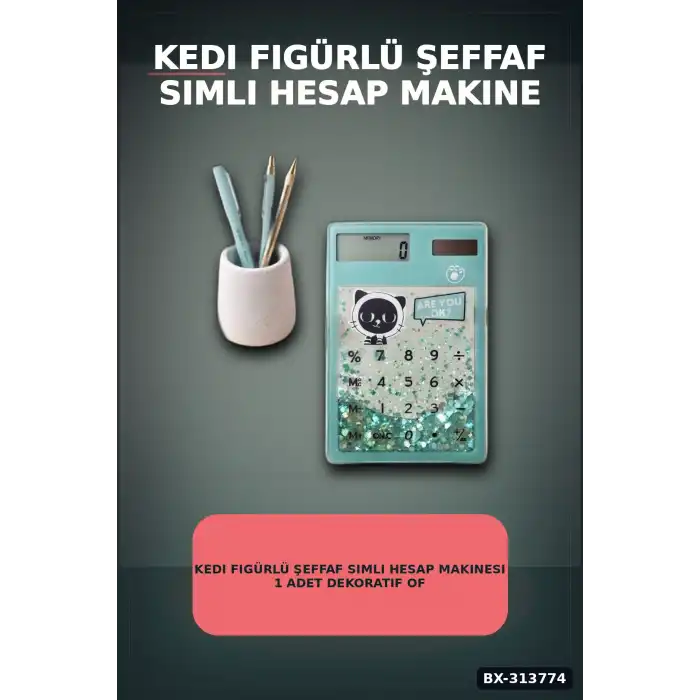Kedi Figürlü Şeffaf Simli Hesap Makinesi 1 Adet Dekoratif Ofis Okul Hediyelik BX-313774