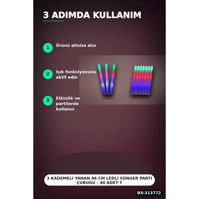 3 Kademeli Yanan 46 cm Ledli Sünger Parti Çubuğu - 40 Adet Toplu Paket BX-313772