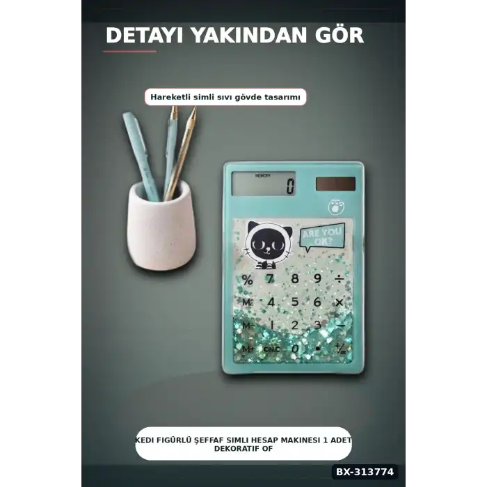 Kedi Figürlü Şeffaf Simli Hesap Makinesi 1 Adet Dekoratif Ofis Okul Hediyelik BX-313774