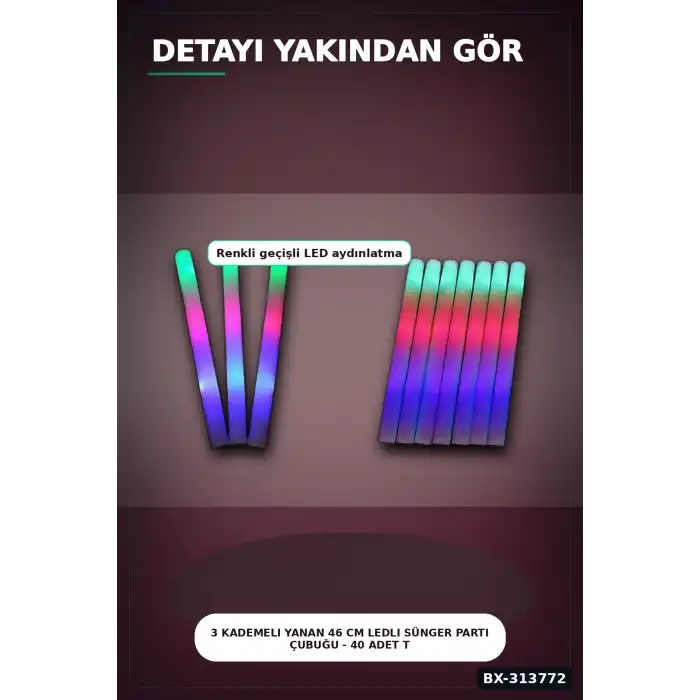 3 Kademeli Yanan 46 cm Ledli Sünger Parti Çubuğu - 40 Adet Toplu Paket BX-313772