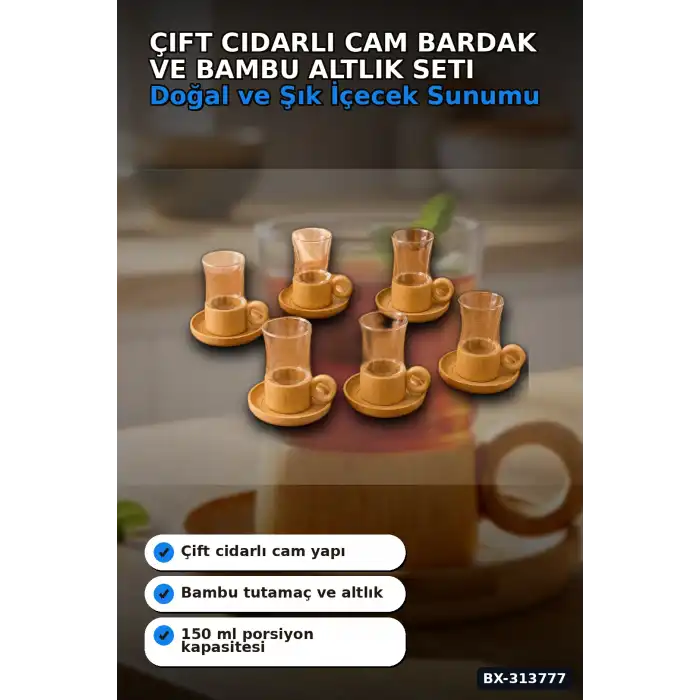 Cift Cidarli 150 Ml 6 Adet Cam Cay Bardagi Ve 6 Adet Bambu Altlik Seti BX-313777