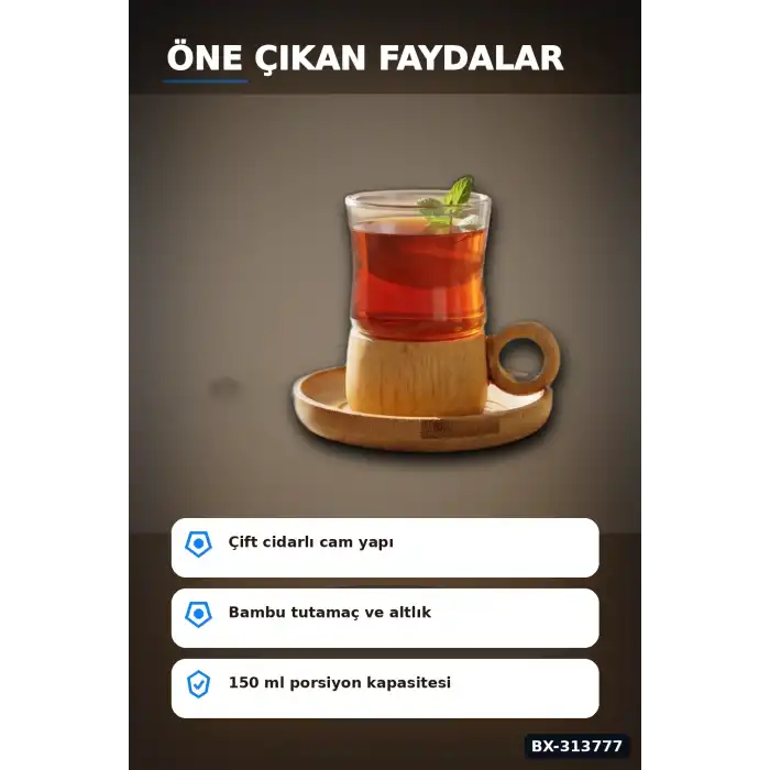 Cift Cidarli 150 Ml 6 Adet Cam Cay Bardagi Ve 6 Adet Bambu Altlik Seti BX-313777