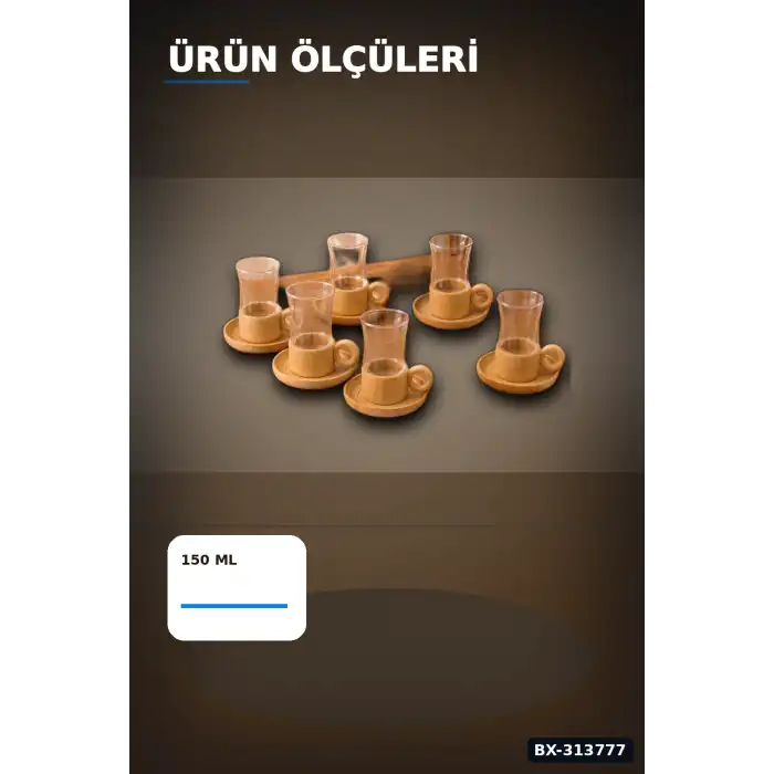 Cift Cidarli 150 Ml 6 Adet Cam Cay Bardagi Ve 6 Adet Bambu Altlik Seti BX-313777
