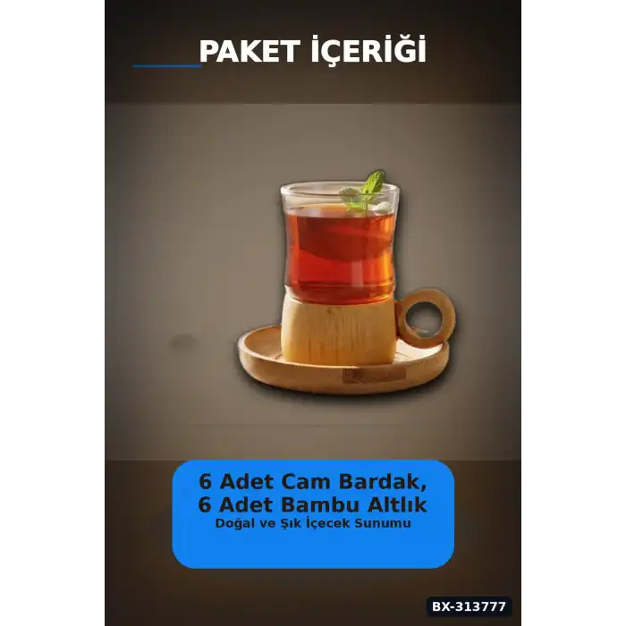 Cift Cidarli 150 Ml 6 Adet Cam Cay Bardagi Ve 6 Adet Bambu Altlik Seti BX-313777