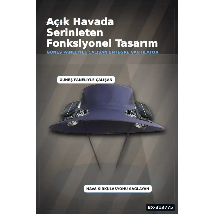 Solar Fanlı Balıkçı Şapkası - Güneş Enerjili Vantilatörlü Ayarlanabilir Açık Hava Şapkası BX-313775