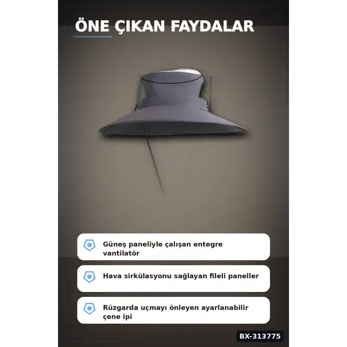 Solar Fanlı Balıkçı Şapkası - Güneş Enerjili Vantilatörlü Ayarlanabilir Açık Hava Şapkası BX-313775