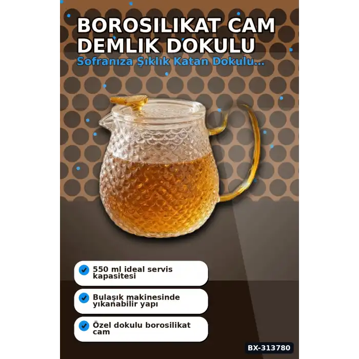 550 Ml Borosilikat Cam Demlik Isıya Dayanıklı Dokulu Gövdeli Kapaklı Detay BX-313780