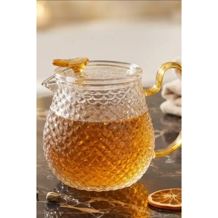 550 Ml Borosilikat Cam Demlik Isıya Dayanıklı Dokulu Gövdeli Kapaklı Detay BX-313780