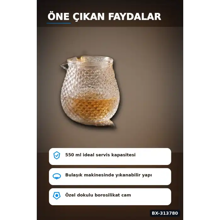 550 Ml Borosilikat Cam Demlik Isıya Dayanıklı Dokulu Gövdeli Kapaklı Detay BX-313780