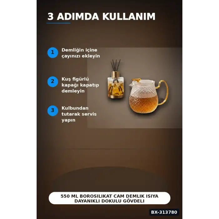 550 Ml Borosilikat Cam Demlik Isıya Dayanıklı Dokulu Gövdeli Kapaklı Detay BX-313780