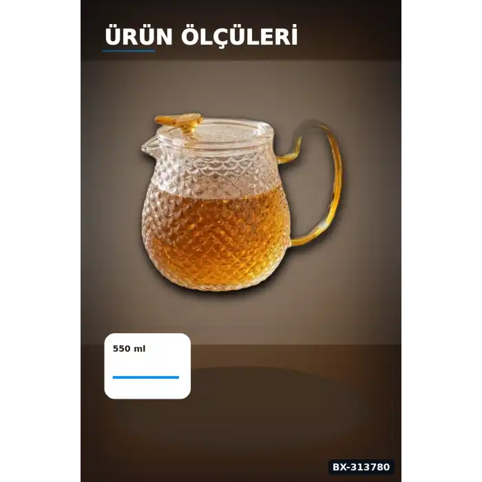 550 Ml Borosilikat Cam Demlik Isıya Dayanıklı Dokulu Gövdeli Kapaklı Detay BX-313780