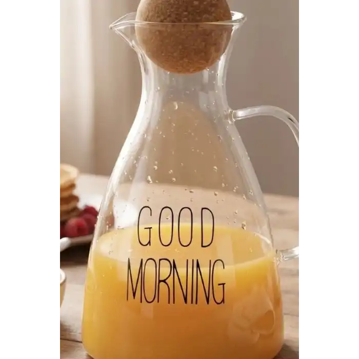 1500 Ml Yuvarlak Mantar Kapaklı Cam Sürahi - Good Morning Yazılı - Bulaşık Makinesi Uyumlu BX-313781