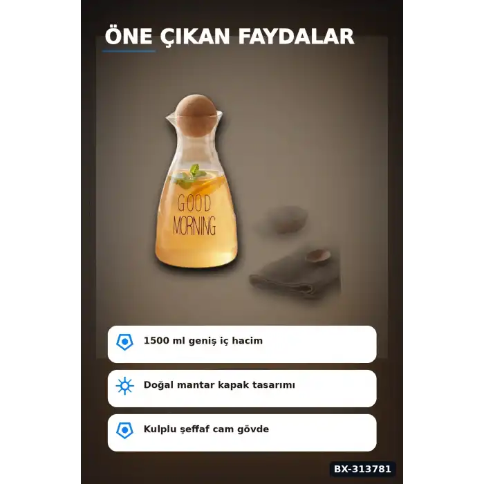 1500 Ml Yuvarlak Mantar Kapaklı Cam Sürahi - Good Morning Yazılı - Bulaşık Makinesi Uyumlu BX-313781