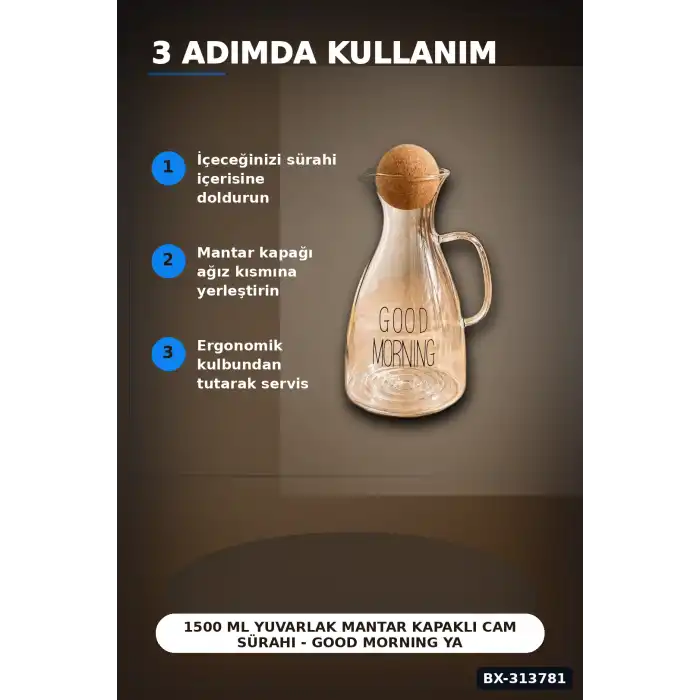 1500 Ml Yuvarlak Mantar Kapaklı Cam Sürahi - Good Morning Yazılı - Bulaşık Makinesi Uyumlu BX-313781