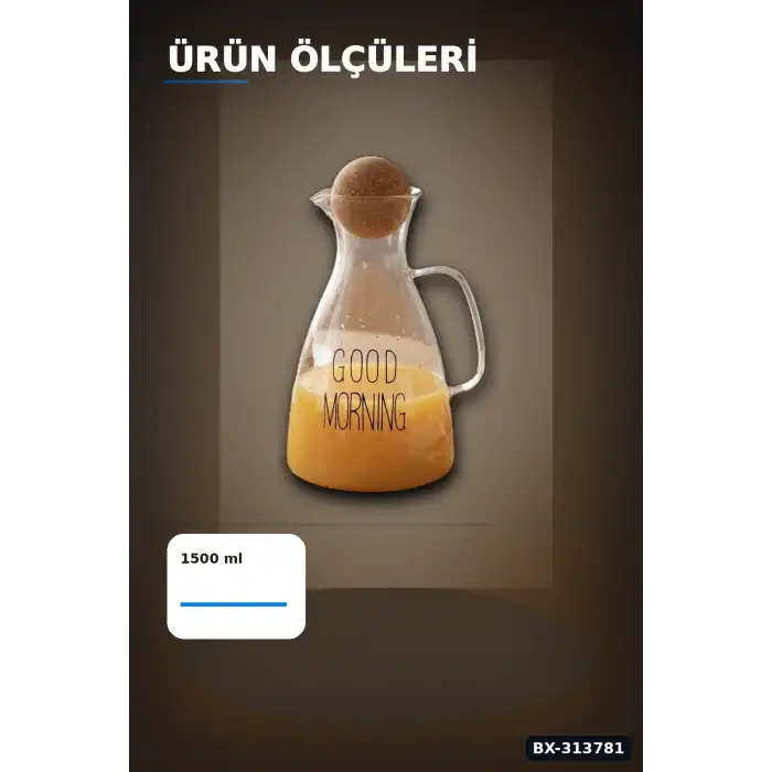 1500 Ml Yuvarlak Mantar Kapaklı Cam Sürahi - Good Morning Yazılı - Bulaşık Makinesi Uyumlu BX-313781