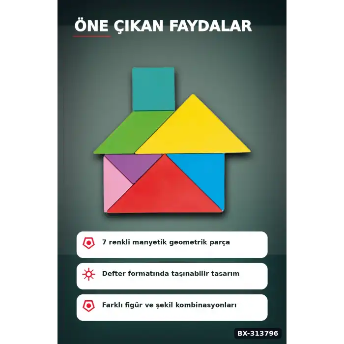 Manyetik Tangram Defteri 7 Ahşap Parça Mıknatıslı - 3+ Yaş Eğitici Zeka Oyunu BX-313796