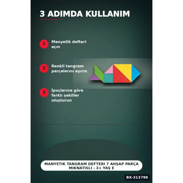 Manyetik Tangram Defteri 7 Ahşap Parça Mıknatıslı - 3+ Yaş Eğitici Zeka Oyunu BX-313796