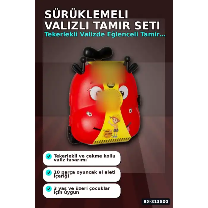Sürüklemeli 10 Parça Tamir Seti Valizi - 1 Adet Çekme Kollu Oyuncak Alet Çantası, 3+ Yaş BX-313800