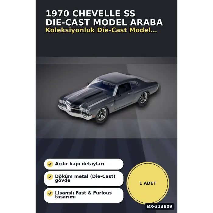 1:24 Metal Die-Cast 1970 Chevelle SS Araba - Açılır Kapı Kaput Bagaj, Lisanslı 19 cm BX-313809