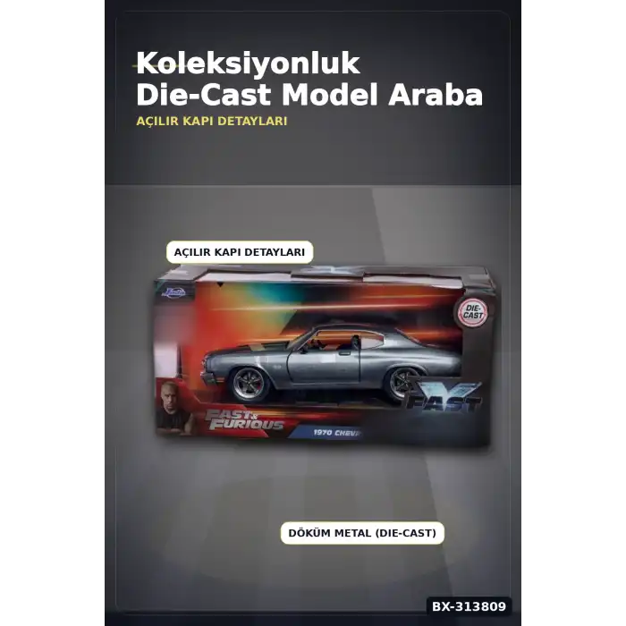 1:24 Metal Die-Cast 1970 Chevelle SS Araba - Açılır Kapı Kaput Bagaj, Lisanslı 19 cm BX-313809