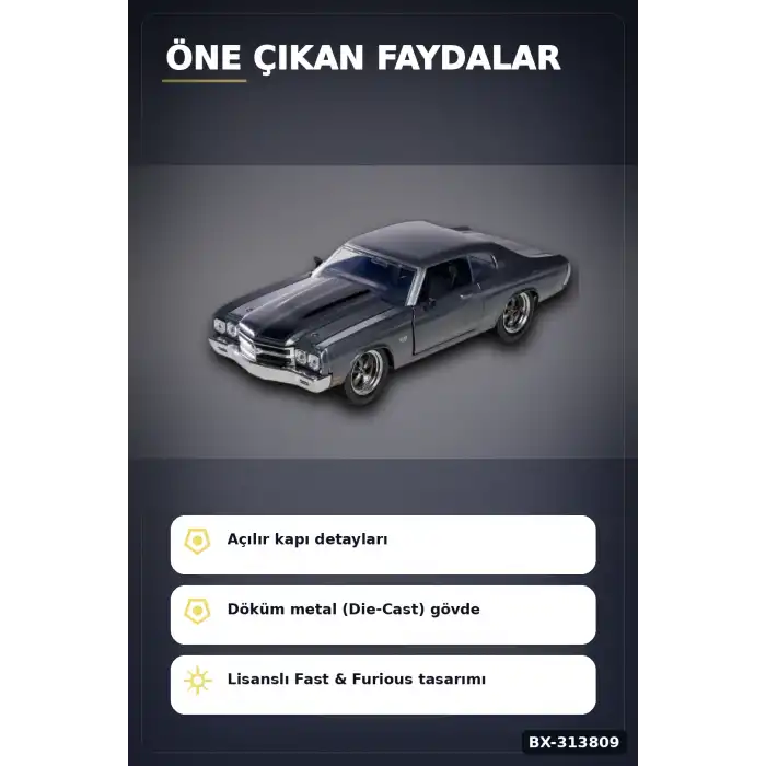 1:24 Metal Die-Cast 1970 Chevelle SS Araba - Açılır Kapı Kaput Bagaj, Lisanslı 19 cm BX-313809