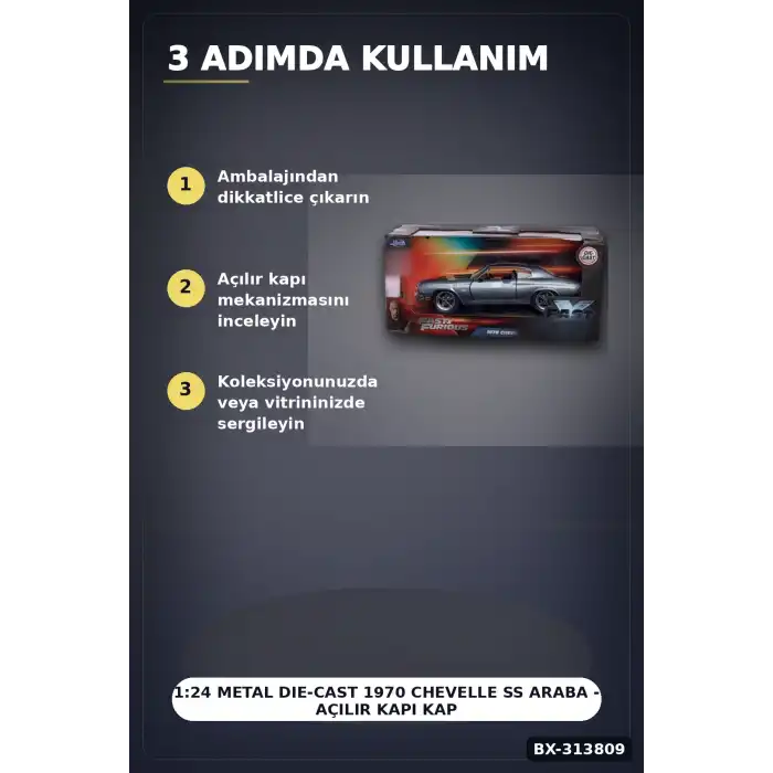 1:24 Metal Die-Cast 1970 Chevelle SS Araba - Açılır Kapı Kaput Bagaj, Lisanslı 19 cm BX-313809