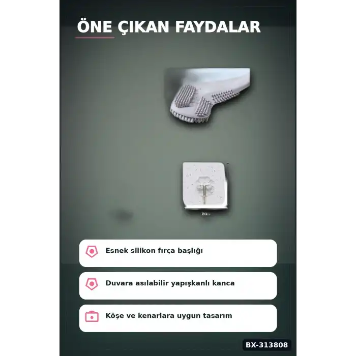 Sopali Tasarim Silikon Klozet Fircasi 41 cm Aski Kancali Banyo Temizlik Seti BX-313808