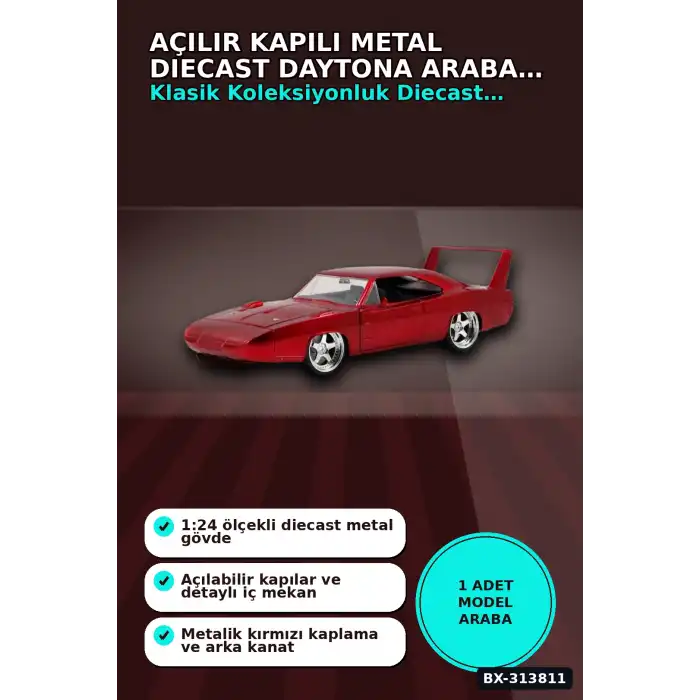 Açılır Kapılı 1:24 Metal Diecast Hızlı Öfkeli Daytona Araba Modeli - Koleksiyonluk Oyuncak BX-313811