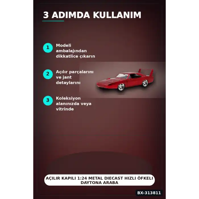 Açılır Kapılı 1:24 Metal Diecast Hızlı Öfkeli Daytona Araba Modeli - Koleksiyonluk Oyuncak BX-313811