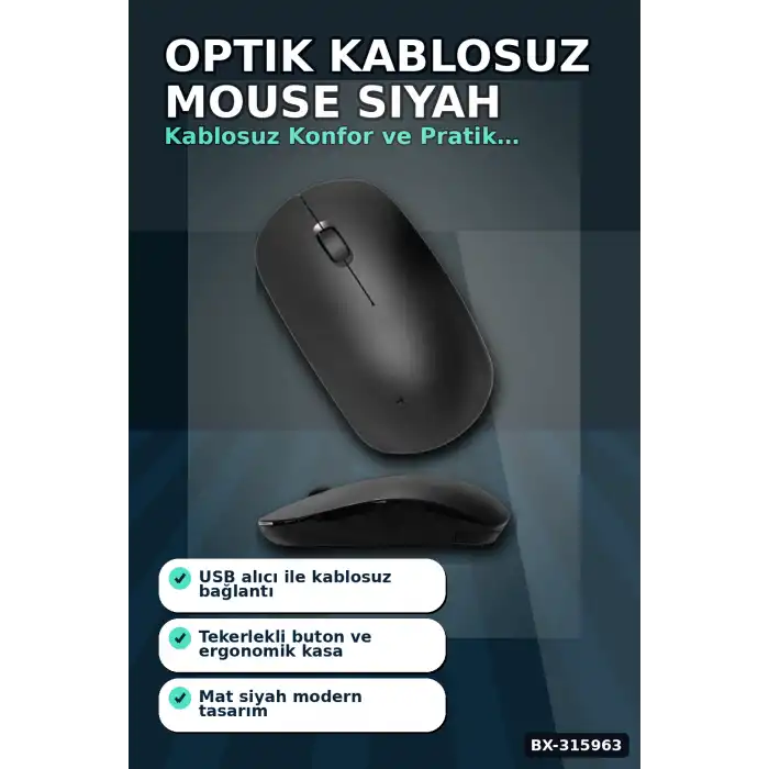 Optik Kablosuz Mouse 1600 DPI USB Alıcılı Ergonomik Siyah Fare - Ofis Ve Oyun Için BX-315963