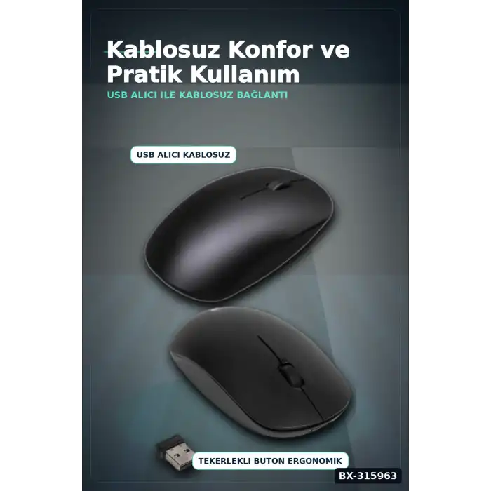 Optik Kablosuz Mouse 1600 DPI USB Alıcılı Ergonomik Siyah Fare - Ofis Ve Oyun Için BX-315963