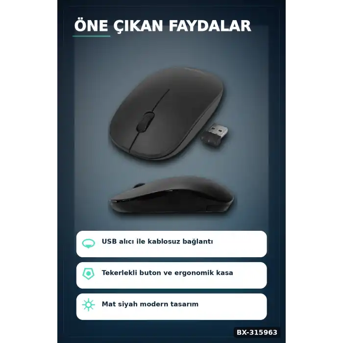 Optik Kablosuz Mouse 1600 DPI USB Alıcılı Ergonomik Siyah Fare - Ofis Ve Oyun Için BX-315963