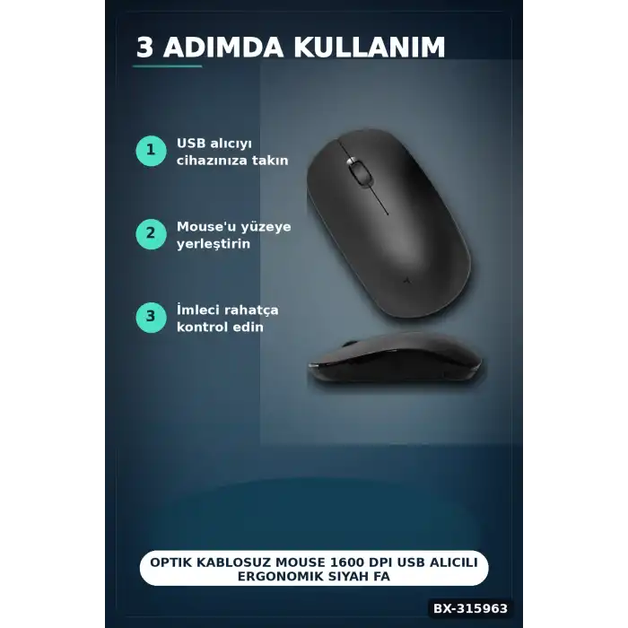 Optik Kablosuz Mouse 1600 DPI USB Alıcılı Ergonomik Siyah Fare - Ofis Ve Oyun Için BX-315963