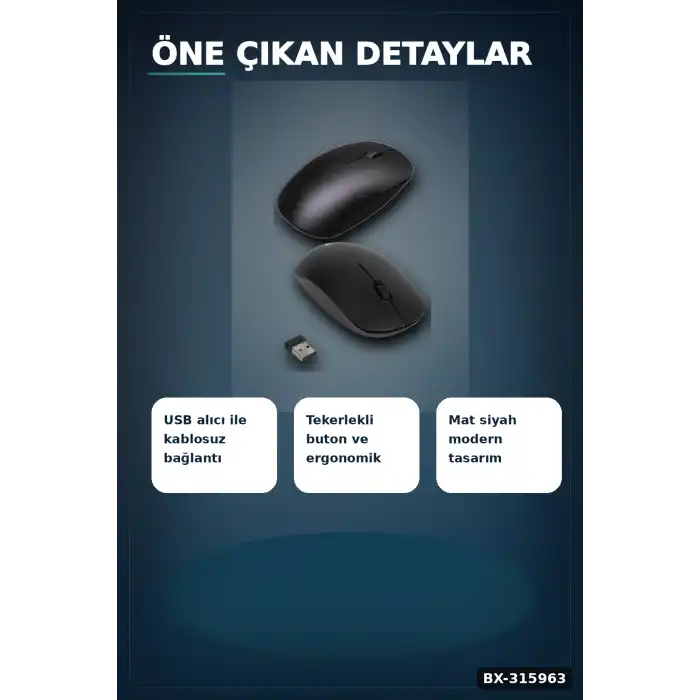 Optik Kablosuz Mouse 1600 DPI USB Alıcılı Ergonomik Siyah Fare - Ofis Ve Oyun Için BX-315963
