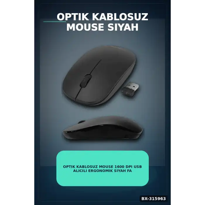 Optik Kablosuz Mouse 1600 DPI USB Alıcılı Ergonomik Siyah Fare - Ofis Ve Oyun Için BX-315963
