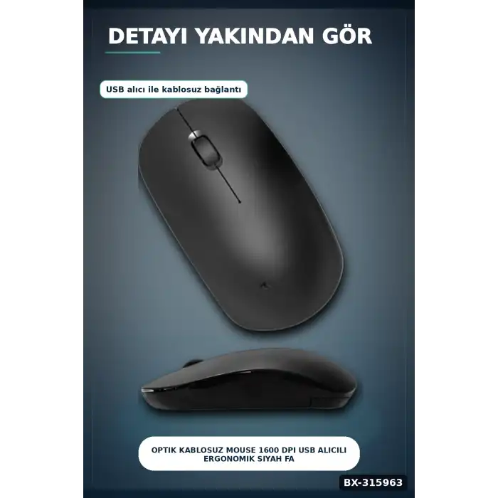 Optik Kablosuz Mouse 1600 DPI USB Alıcılı Ergonomik Siyah Fare - Ofis Ve Oyun Için BX-315963