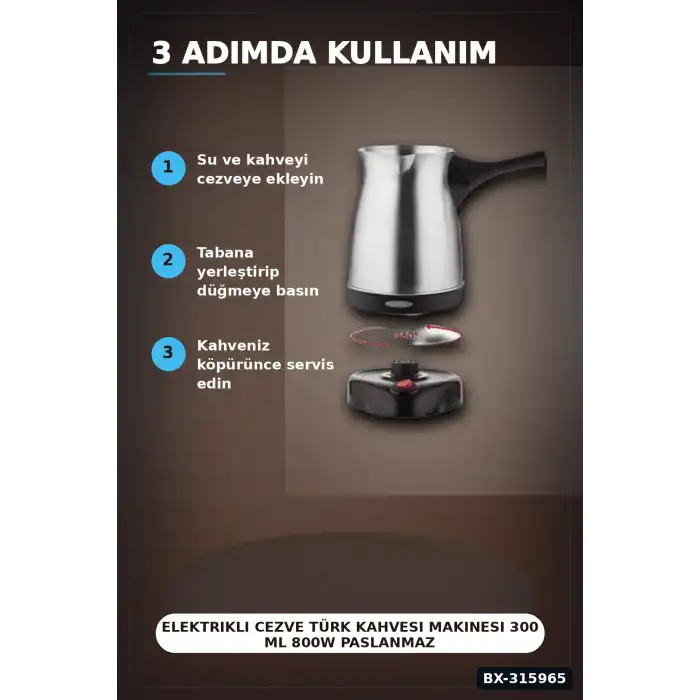 Elektrikli Cezve Türk Kahvesi Makinesi 300 ml 800W Paslanmaz Çelik Gövde BX-315965