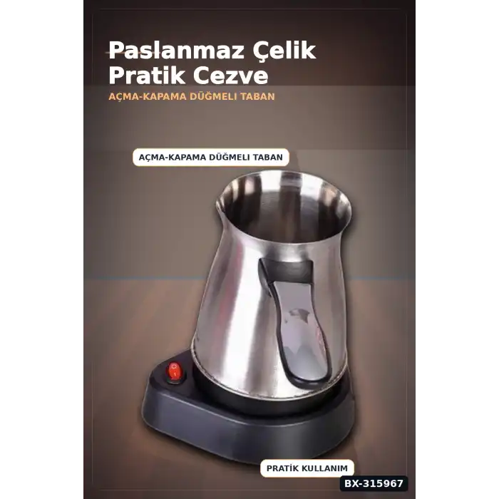Türk Kahve Makinesi Elektrikli Cezve 800W 360 ml Paslanmaz Çelik 6 Fincan Kapasiteli BX-315967