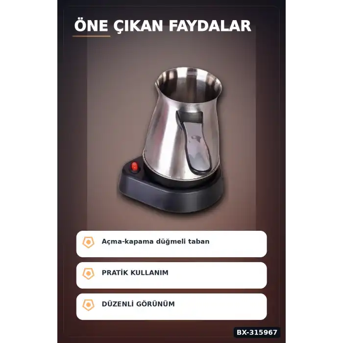 Türk Kahve Makinesi Elektrikli Cezve 800W 360 ml Paslanmaz Çelik 6 Fincan Kapasiteli BX-315967